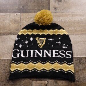 Guinness Knit Beanie‎ Pom Hat Black Gold Snowflake Pattern